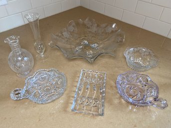 Collection Of Assorted Etched And Cut Glass Dishes And Vases