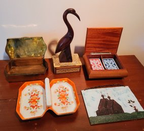 Japanese Candy Dish, Wooden Egret From Belize,  Playing Card Box From Italy, Plus Copper Wall Hanging & Brass