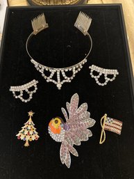 Tiara Paired With Three Rhinestone Pins And Two Shoe Buckles Plus Iris Apfel Parrot (missing Back Closure