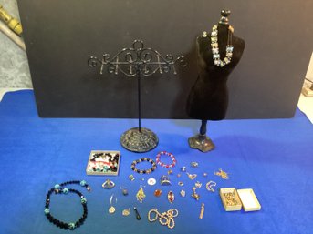 Lot Of Jewelry And Jewelry Maniquin With Jewelry Display Rack