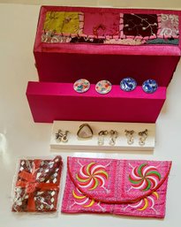 Jewelry Box, Collection Of Clip On, Earrings Clutch And Bejeweled Notepad And Pen