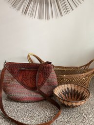 Group Of Two Baskets And A Woven Purse With Tooled Leather Accent And Strap