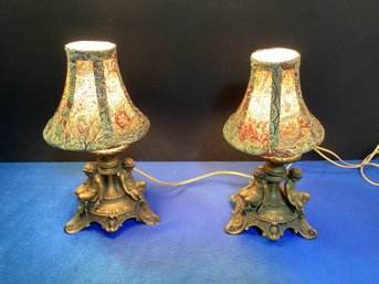 2 Vintage Early 1900s Heavy Cast Iron Table Lamps With Shades ( Working)