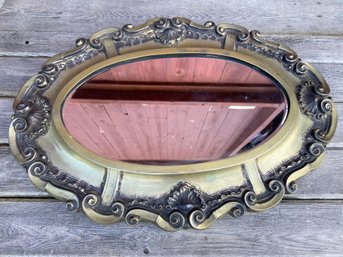 Vintage Oval Mirror Tray With Ornate Metal Frame 20x14
