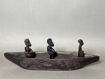 Wood Carved Ebony Canoe With Figures