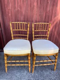 Pair Of Bamboo Style Hand Carved Chairs With Yellow Striped Upholstery 16x17x32'