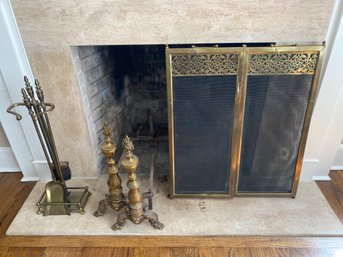 Fireplace Screen, Tools & Brass Andirons With Flame Top Detail