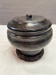 Black Asian Pot With Lid Hand Painted Floral Motif