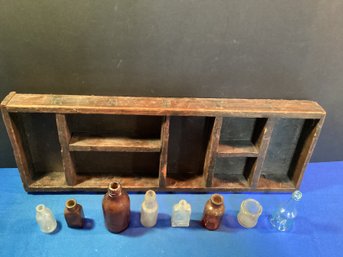 Very Old Wooden Mortise And Tendon Display Box With Old Bottles