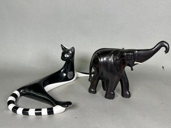 Cmielow Ceramic Cat & Wooden Elephant Decor