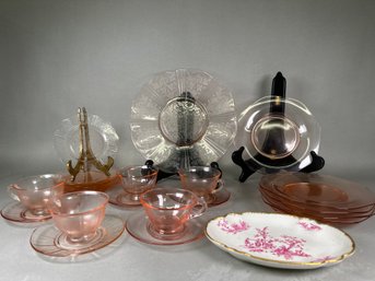 Vintage Pink Depression Glass & Barat Limoges Dish