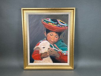 Beautiful Painting Of Child Feeding Lamb