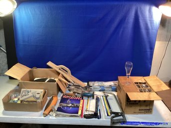 Large Mix Lot, Hacksaws, Slide Hammer Drawer, Poles, Masonry Tools, Magazines, And 10