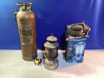 1 Antique Fire Extinguisher, And Two Coleman Lanterns (Lanterns Missing Parts)