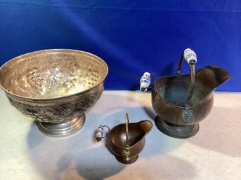 Copper And Delft Porcelain Pitchers, With Very Large Silver Plate Punch Bowl