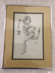 Original Hand Drawn Art Work In Pencil By Listed Artist, (Jim Houston )eve With An Apple