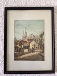 Vintage  Engraving Of European Street Scene In Great Shape