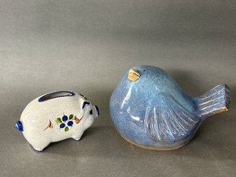 Penquis Maine Pottery Pig & Ceramic Bird