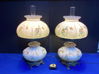 Pair Of Hand-painted Hurricane Lamps, Very Large, In Excellent Shape