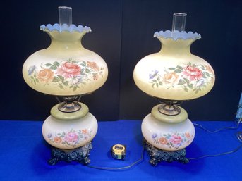 Pair Of Hurricane Lamps In Excellent Shape Handpainted Globes Rewired Work Perfect Exquisite