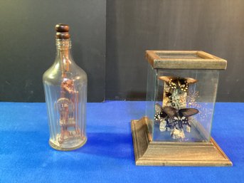 2 Americana Pieces, Spinning Wheel, Made Inside A Bottle, Real Butterflies In Glass Terrarium