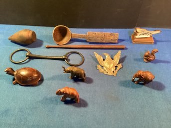 Miscellaneous Lot Of Hand, Carved Vintage, Animal Figures, Wooden Top,old Ladel, Etc