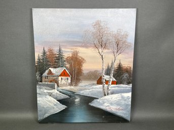 Winter Scene Oil On Canvas, Signed Raymond