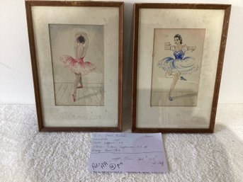 A Pair Of Watercolors Of Ballerinas, Original Artwork Signed In Monogram Form By The Artist, Great Shape