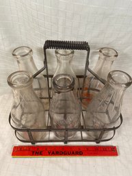 Vintage Metal Milk Bottle Carrier With 6 Glass Bottles 1 Quart Each