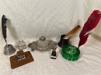 Ink Well Collection Lot 1 Feathers Glass Metal