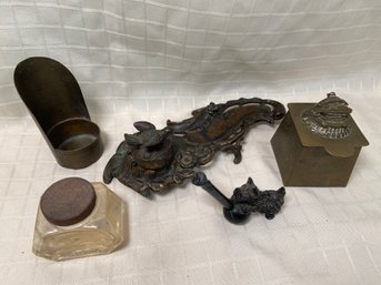 Ink Well Collection Lot 2 Brass Glass Cast Iron