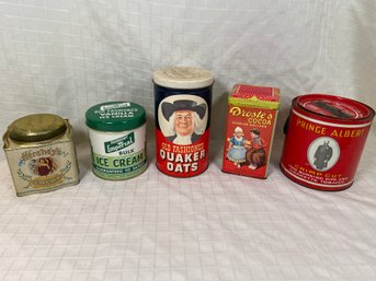 Vintage Metal Tins: Ice Cream Hersheys Quaker Oats Drostes Cocoa Prince Albert Tobacco