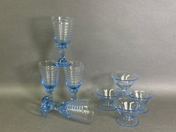 Vintage Blue Tinted Depression Glass Dessert Bowls & Ribbed Cups
