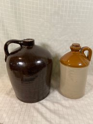 2 Stoneware Jugs: Brown Glazed 12in Unmarked And Two Tone Wine Jug 11in