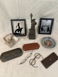 Statue Of Liberty Decor Antler Pipe Silhouette Pictures Vintage Eye Glasses And Cases Trinket Dish