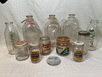 Glass Milk Bottles And Vintage Food Jars