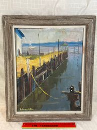 Pier Water Scene Original Painting On Canvas Board Signed Edward Lis 21x25 Rustic Wood Frame