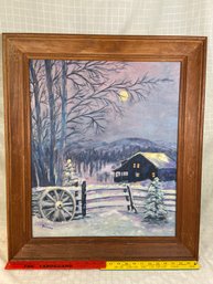 Original Painting On Canvas Signed Dorcas Winter Full Moon Country Landscape 25x29 Wood Frame