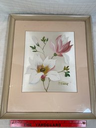 Floral Painting On Silk Signed 16.5x19.5 Matted Framed Plexi