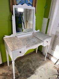 White 2 Drawer Marble Top Vanity With Amethyst Glass Drawer Pulls 41x18x32.5
