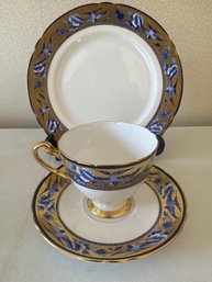 Gorgeous Shelby Of England Blue And Gold Motif Porcelain Dessert Plate And Teacup With Saucer