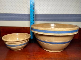 Two Gold-n-bake Watt USA Stoneware Mixing Bowls Blue Band