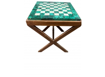 Green Malachite And Alabaster Chess/checker Board With Wooden Stand