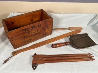 Vintage Wooden Box Three Prong Towel Rack Metal Scoop Decorative Wood Paddles