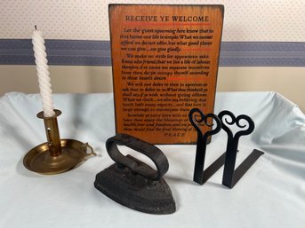 Brass Chamberstick Push Up Candlestick Holder Heart Bookends Antique Cast Iron Yorkcraft Welcome Wall Hanging