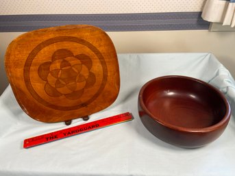 Wooden Bowl And Geometric Engraved Plate