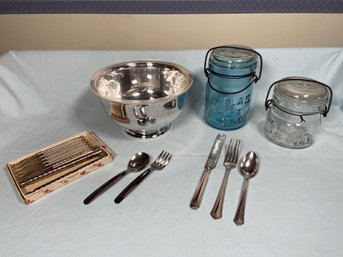 Vintage Atlas E-Z Seal Jars, Wm Rogers Paul Revere Reproduction Bowl Childs Silver Plated Cutlery Nut Cracker