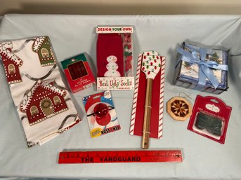 Assorted Holiday Items Napkins Spatula Candles Nose Ornament Kitchen Towel Ornament Hooks