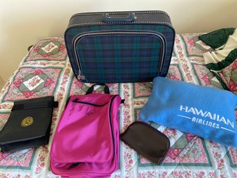 Small Blue And Green Plaid Suitcase Toiletry Bag Hawaiian Airlines Blanket