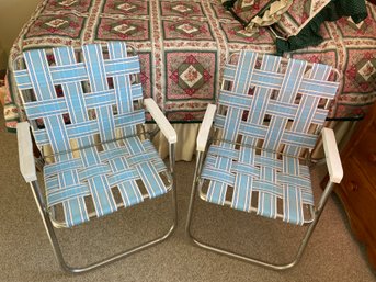 Pair Of Sunbeam Blue And White Aluminum Patio Beach Chairs